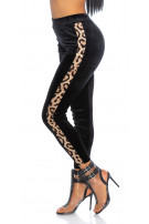 Trendy fleecy broek met luipaard contrast streep zwart